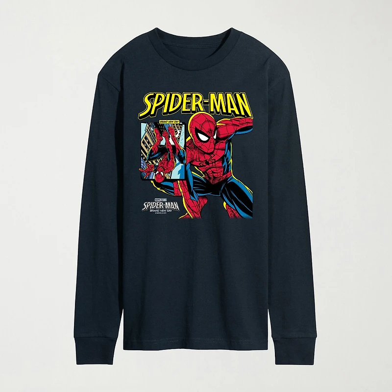 Brand New Day Comic Cover Mens Crew Neck Long Sleeve Regular Fit Spiderman Graphic T-Shirt