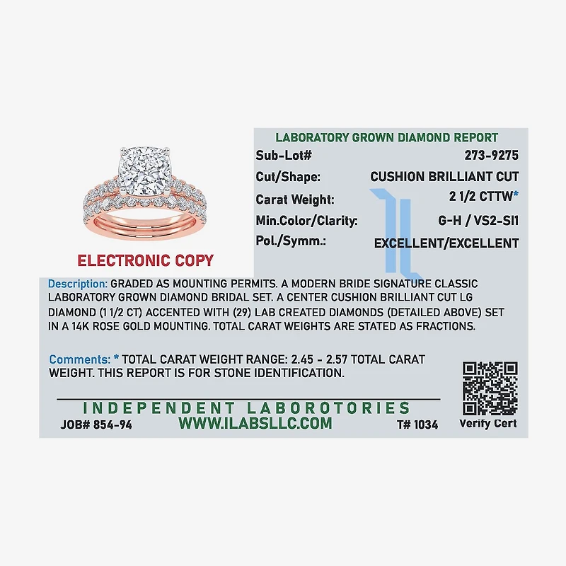 Signature By Modern Bride (G-H / Vs2-Si1) Womens 2 1/2 CT. T.W. Lab Grown White Diamond 14K Gold Cushion Side Stone Bridal Set