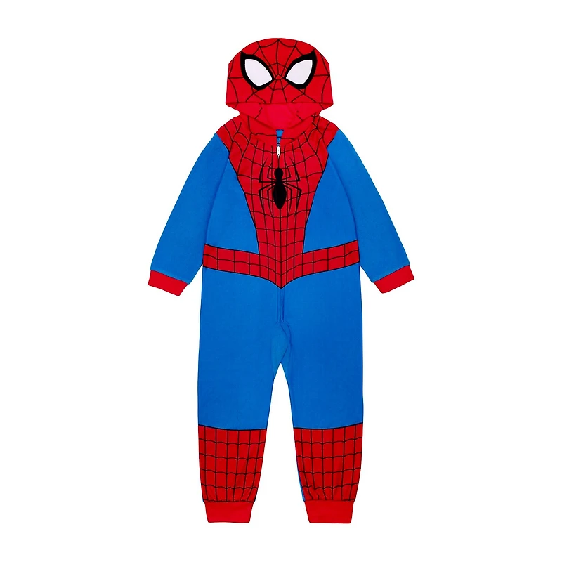 Disney Collection Little & Big Kid Boys Marvel Spiderman Microfleece Hooded Long Sleeve One Piece Pajama