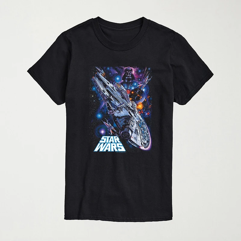 Millennium Falcon Space Mens Crew Neck Short Sleeve Regular Fit Star Wars Graphic T-Shirt