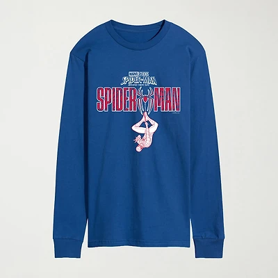 Brand New Day Hanging From Logo Mens Crew Neck Long Sleeve Regular Fit Spiderman Graphic T-Shirt