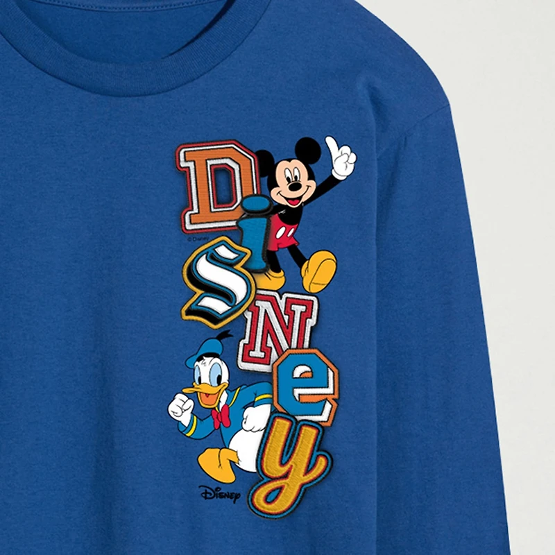 Faux Patch Mens Crew Neck Long Sleeve Regular Fit Mickey and Friends Graphic T-Shirt