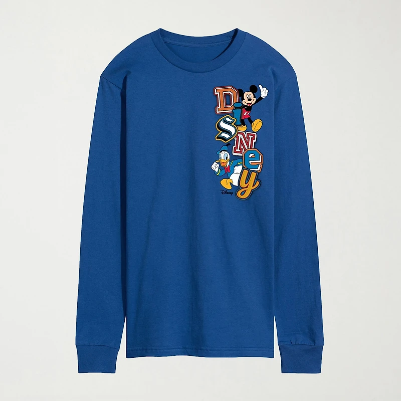 Faux Patch Mens Crew Neck Long Sleeve Regular Fit Mickey and Friends Graphic T-Shirt