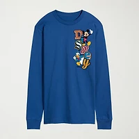 Faux Patch Mens Crew Neck Long Sleeve Regular Fit Mickey and Friends Graphic T-Shirt