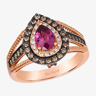 Le Vian Grand Sample Sale Le Vian Grand Sample Sale (I1 / Champagne) Womens 1/2 CT. Genuine Red Rhodolite 14K Gold Pear Halo Side Stone Cocktail Ring
