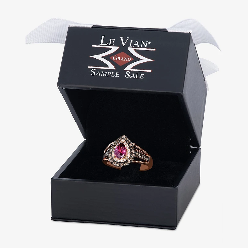 Le Vian Grand Sample Sale Le Vian Grand Sample Sale (I1 / Champagne) Womens 1/2 CT. Genuine Red Rhodolite 14K Gold Pear Halo Side Stone Cocktail Ring