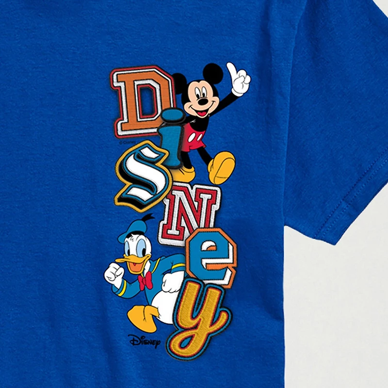 Faux Patch Logo Mens Crew Neck Short Sleeve Regular Fit Mickey and Friends Big Tall Graphic T-Shirt