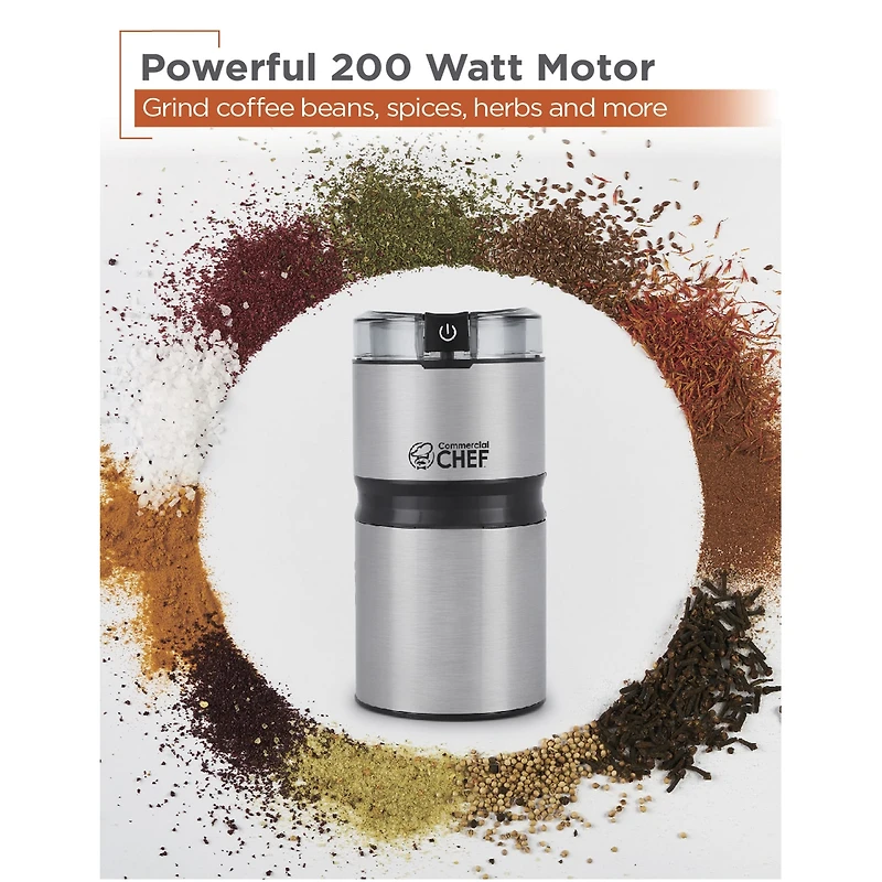 Commercial Chef Electric Coffee/Spice Grinder - Stainless Steel Blades and Transparent Lid