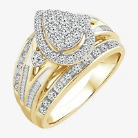 Womens 1 CT. T.W. Natural White Diamond 10K Gold Pear Side Stone Halo Engagement Ring