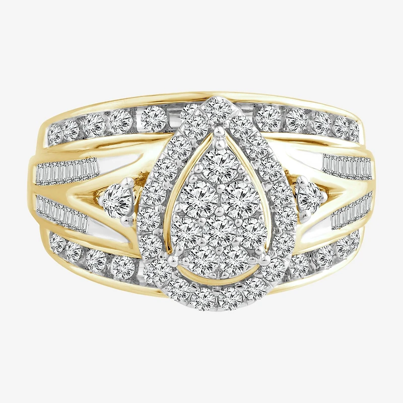 Womens 1 CT. T.W. Natural White Diamond 10K Gold Pear Side Stone Halo Engagement Ring