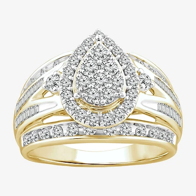 Womens 1 CT. T.W. Natural White Diamond 10K Gold Pear Side Stone Halo Engagement Ring
