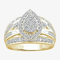Womens 1 CT. T.W. Natural White Diamond 10K Gold Pear Side Stone Halo Engagement Ring