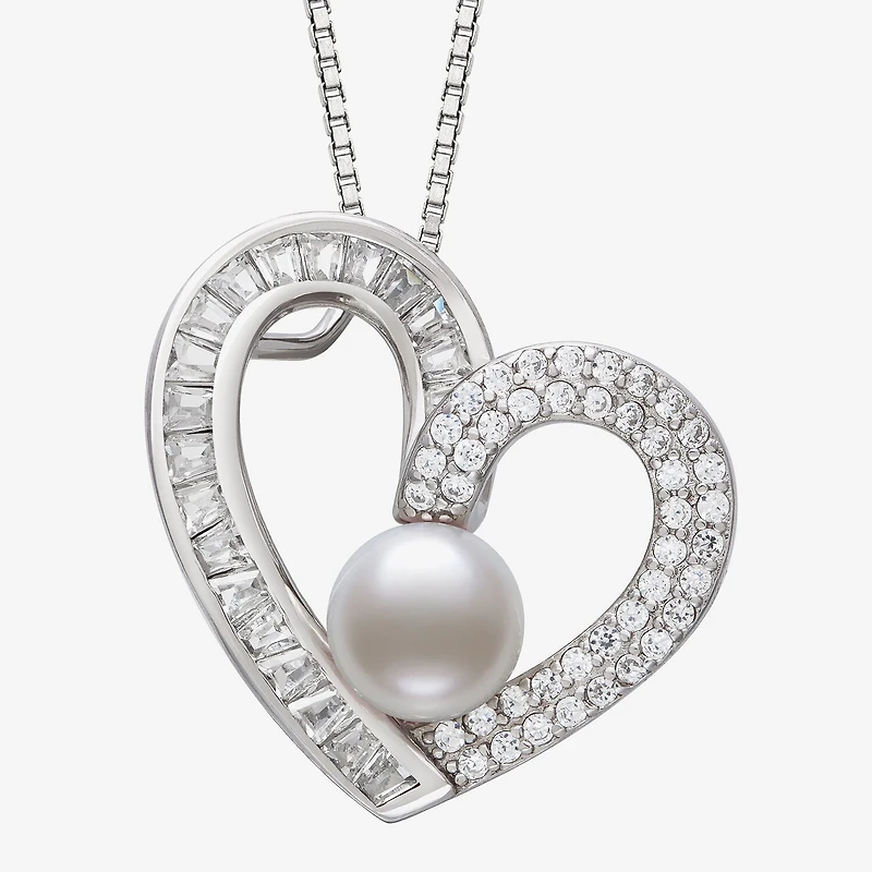 Womens White Cultured Freshwater Pearl Sterling Silver Heart 18 Inch Pendant Necklace