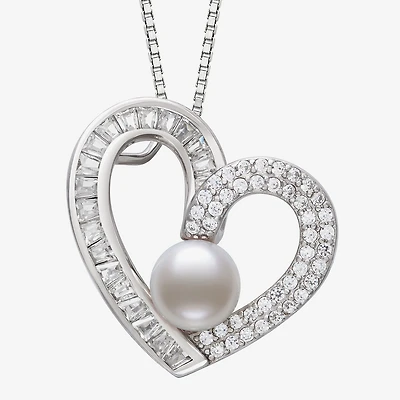 Womens White Cultured Freshwater Pearl Sterling Silver Heart 18 Inch Pendant Necklace