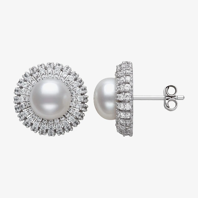 White Cultured Freshwater Pearl Sterling Silver 15mm Round Stud Earrings