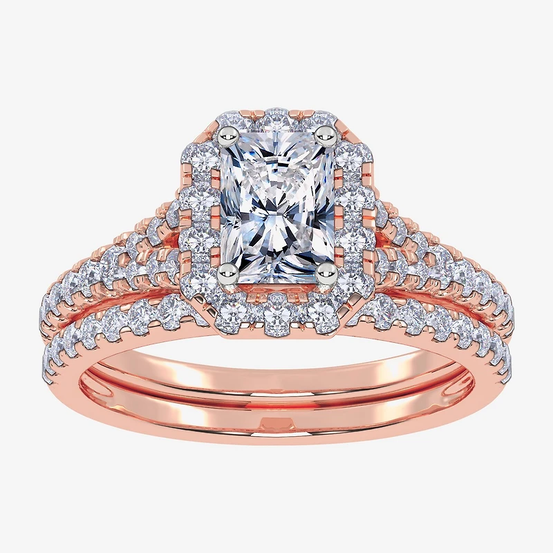 (G / Vs2-Si1) Womens 1 CT. T.W. Lab Grown White Diamond 10K Gold Rectangular Side Stone Halo Bridal Set