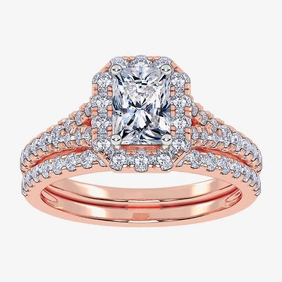 (G / Vs2-Si1) Womens 1 CT. T.W. Lab Grown White Diamond 10K Gold Rectangular Side Stone Halo Bridal Set