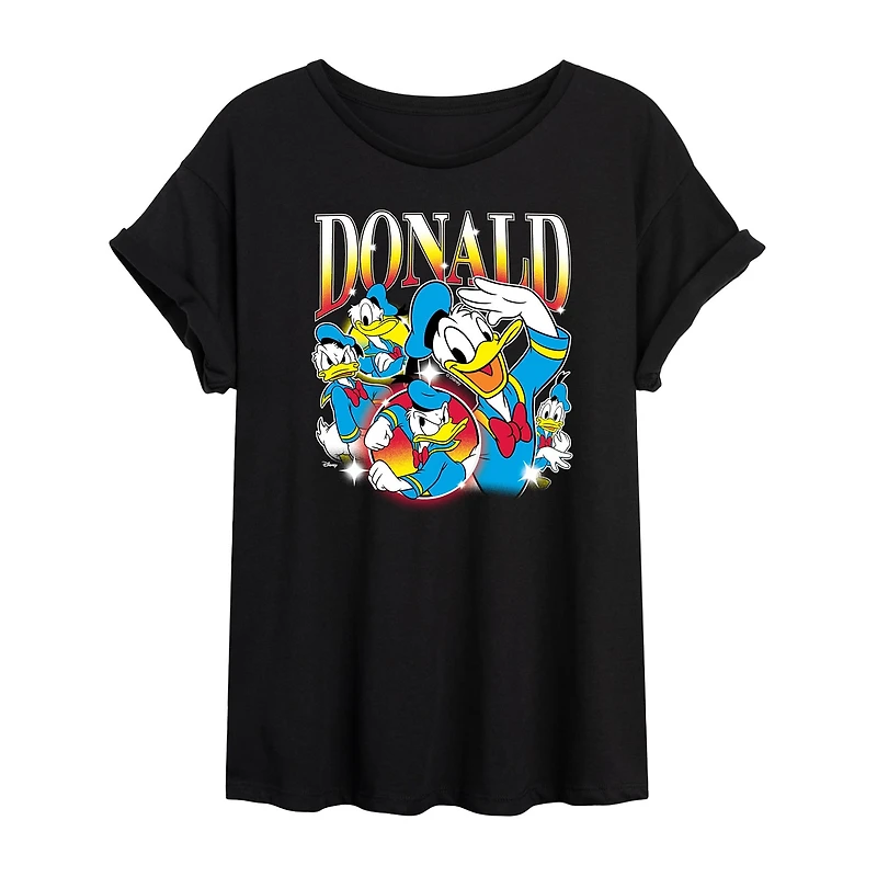 Disney Womens Juniors Crew Neck Short Sleeve Oversized Donald Duck Mickey and Friends Graphic T-Shirt