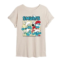 Comic Womens Juniors Crew Neck Short Sleeve Oversized Smurfs Graphic T-Shirt