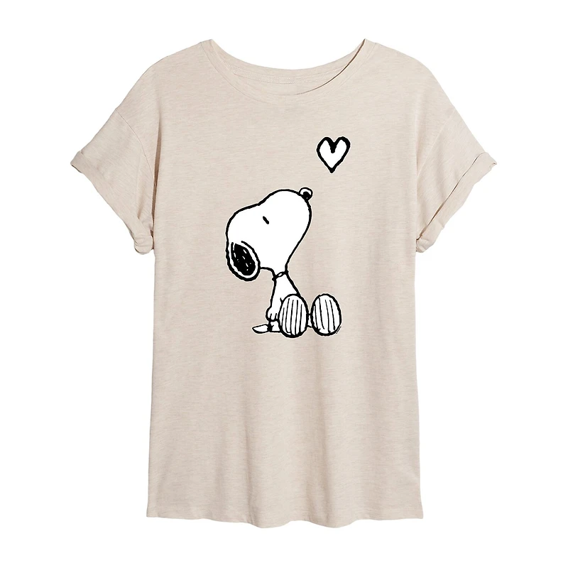 Womens Juniors Crew Neck Short Sleeve Oversized Peanuts Snoopy Graphic T-Shirt
