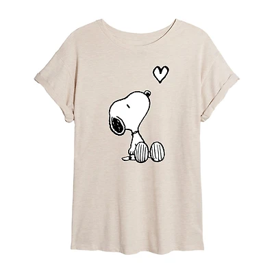 Womens Juniors Crew Neck Short Sleeve Oversized Peanuts Snoopy Graphic T-Shirt