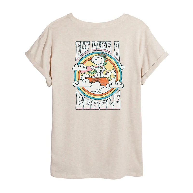 Fly Like A Beagle Womens Juniors Crew Neck Short Sleeve Oversized Peanuts Snoopy Graphic T-Shirt