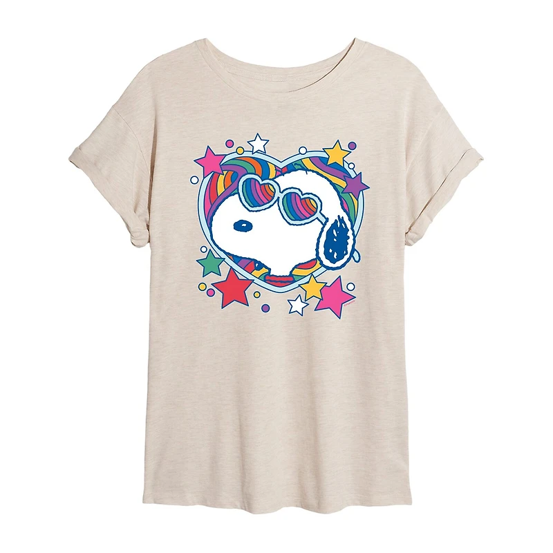 Heart Glasses Womens Juniors Crew Neck Short Sleeve Oversized Peanuts Snoopy Graphic T-Shirt