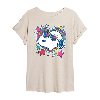 Heart Glasses Womens Juniors Crew Neck Short Sleeve Oversized Peanuts Snoopy Graphic T-Shirt
