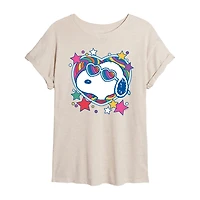Heart Glasses Womens Juniors Crew Neck Short Sleeve Oversized Peanuts Snoopy Graphic T-Shirt