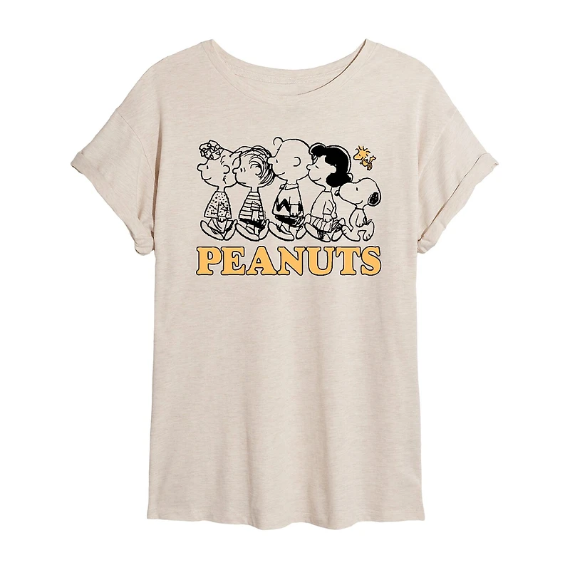 Womens Juniors Crew Neck Short Sleeve Oversized Peanuts Graphic T-Shirt