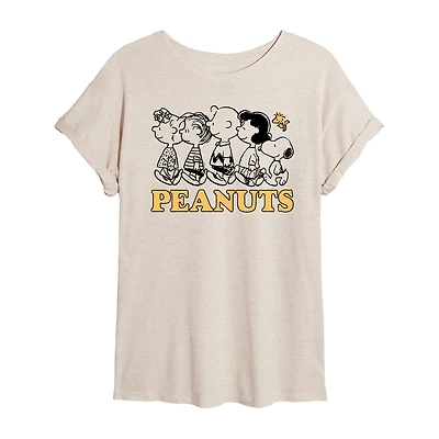 Womens Juniors Crew Neck Short Sleeve Oversized Peanuts Graphic T-Shirt