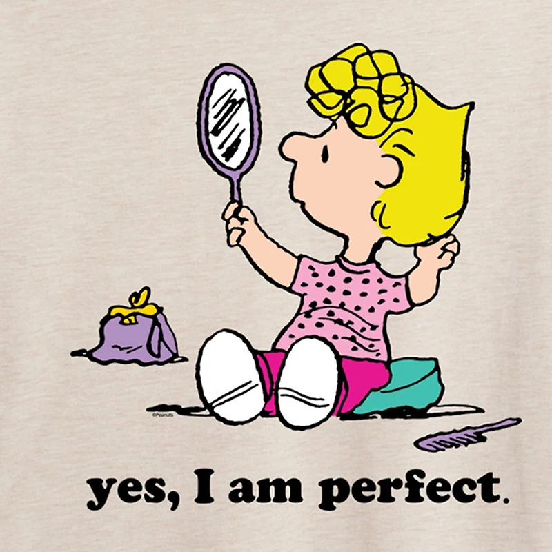 Sally Yes  I'M Perfect Womens Juniors Crew Neck Short Sleeve Oversized Peanuts Graphic T-Shirt
