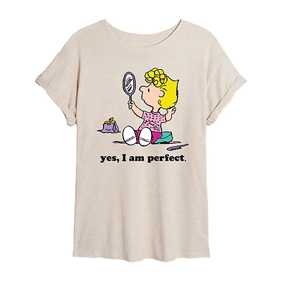 Sally Yes I'M Perfect Womens Juniors Crew Neck Short Sleeve Oversized Peanuts Graphic T-Shirt