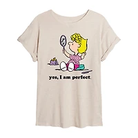 Sally Yes  I'M Perfect Womens Juniors Crew Neck Short Sleeve Oversized Peanuts Graphic T-Shirt