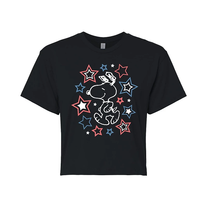 Stars Cropped Womens Juniors Crew Neck Short Sleeve Regular Fit Peanuts Snoopy Graphic T-Shirt