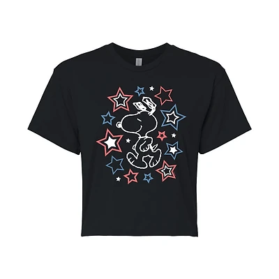 Stars Cropped Womens Juniors Crew Neck Short Sleeve Regular Fit Peanuts Snoopy Graphic T-Shirt