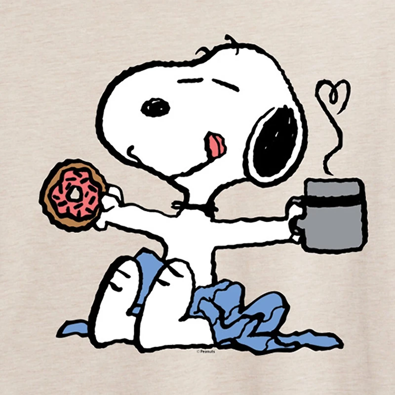 Donut And Coffee Womens Juniors Crew Neck Short Sleeve Oversized Peanuts Snoopy Graphic T-Shirt