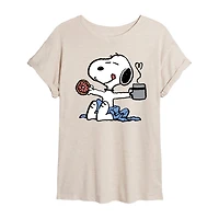 Donut And Coffee Womens Juniors Crew Neck Short Sleeve Oversized Peanuts Snoopy Graphic T-Shirt