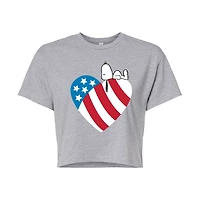 Heart Flag Cropped Womens Juniors Crew Neck Short Sleeve Regular Fit Peanuts Snoopy Graphic T-Shirt