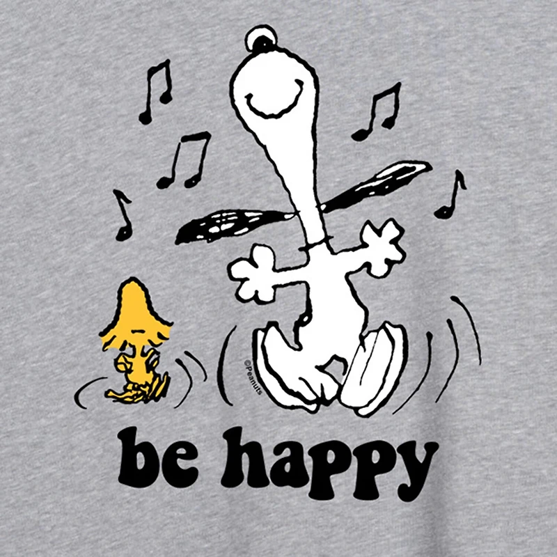 Be Happy Womens Juniors Crew Neck Short Sleeve Oversized Peanuts Snoopy Graphic T-Shirt