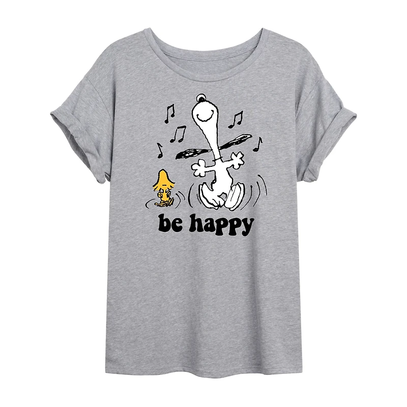 Be Happy Womens Juniors Crew Neck Short Sleeve Oversized Peanuts Snoopy Graphic T-Shirt
