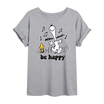 Be Happy Womens Juniors Crew Neck Short Sleeve Oversized Peanuts Snoopy Graphic T-Shirt