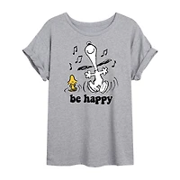 Be Happy Womens Juniors Crew Neck Short Sleeve Oversized Peanuts Snoopy Graphic T-Shirt