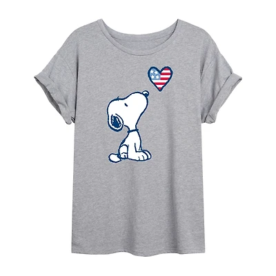 Flag Heart Womens Juniors Crew Neck Short Sleeve Oversized Peanuts Snoopy Graphic T-Shirt