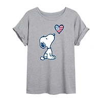 Flag Heart Womens Juniors Crew Neck Short Sleeve Oversized Peanuts Snoopy Graphic T-Shirt