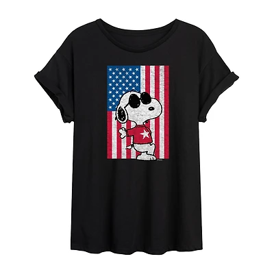 Cool Joe Flag Womens Juniors Crew Neck Short Sleeve Oversized Peanuts Snoopy Graphic T-Shirt