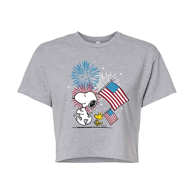 Woodstock Flag Cropped Womens Juniors Crew Neck Short Sleeve Regular Fit Peanuts Snoopy Graphic T-Shirt