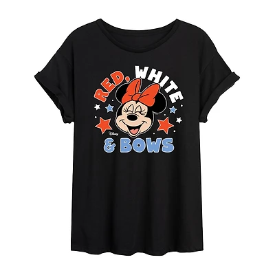 Disney Red  White and Bows Womens Juniors Crew Neck Short Sleeve Oversized Mickey Friends Minnie Mouse Graphic T-Shirt