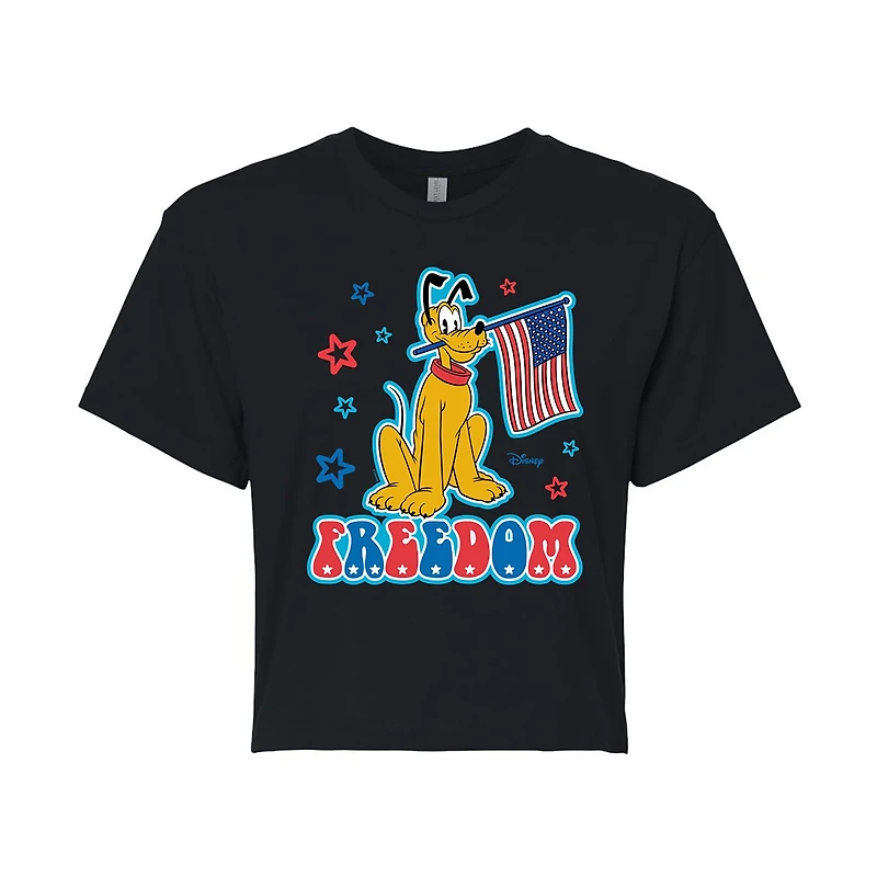 Disney Freedom Cropped Womens Juniors Crew Neck Short Sleeve Regular Fit Mickey and Friends Pluto Graphic T-Shirt