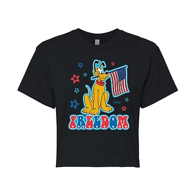 Disney Freedom Cropped Womens Juniors Crew Neck Short Sleeve Regular Fit Mickey and Friends Pluto Graphic T-Shirt